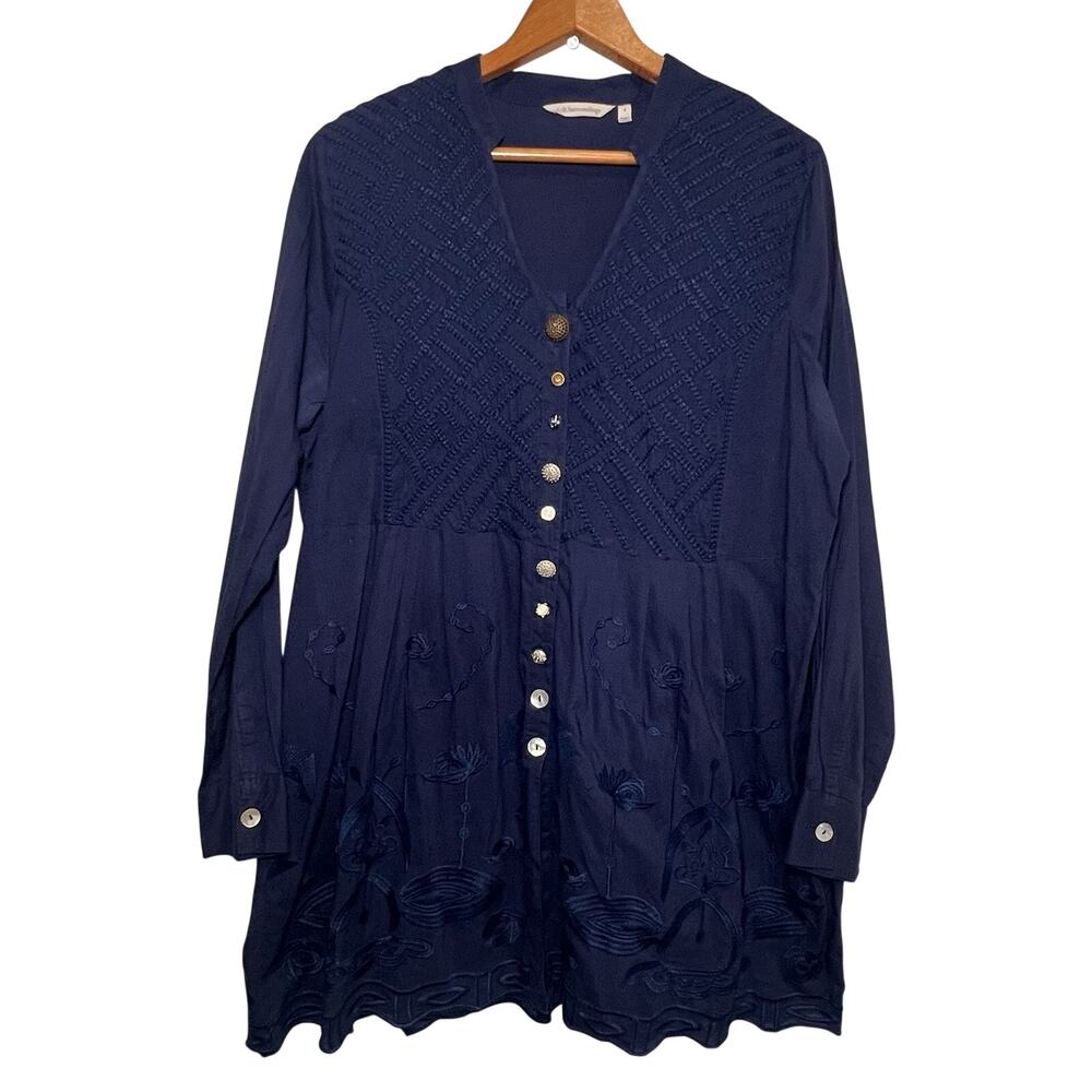 Soft Surroundings Alka Tunic Top Size L Navy Blue Mismatched Button Shirt Boho